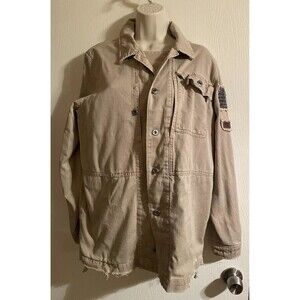 Free People Jacket Womens SZ L Embellished Military Beaded Distressed Army Tan